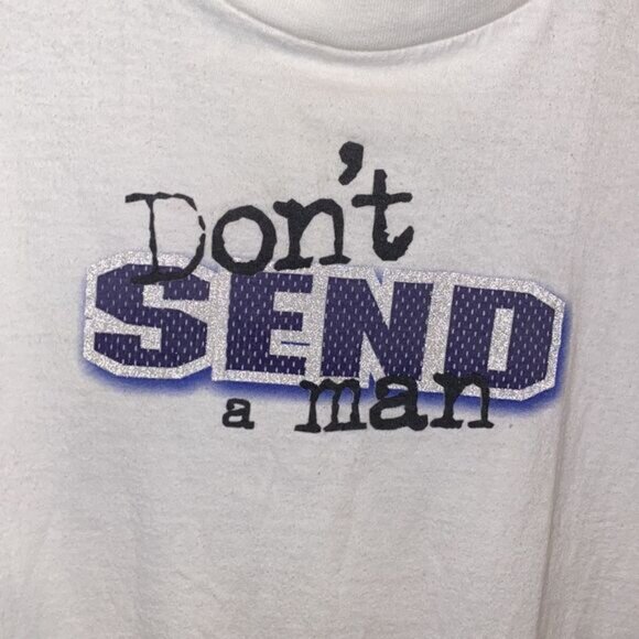 Dont Send A Man Graphic Soccer T-Shirt Womens L Big Ball Sports 100% Cotton Whit - Picture 2 of 5